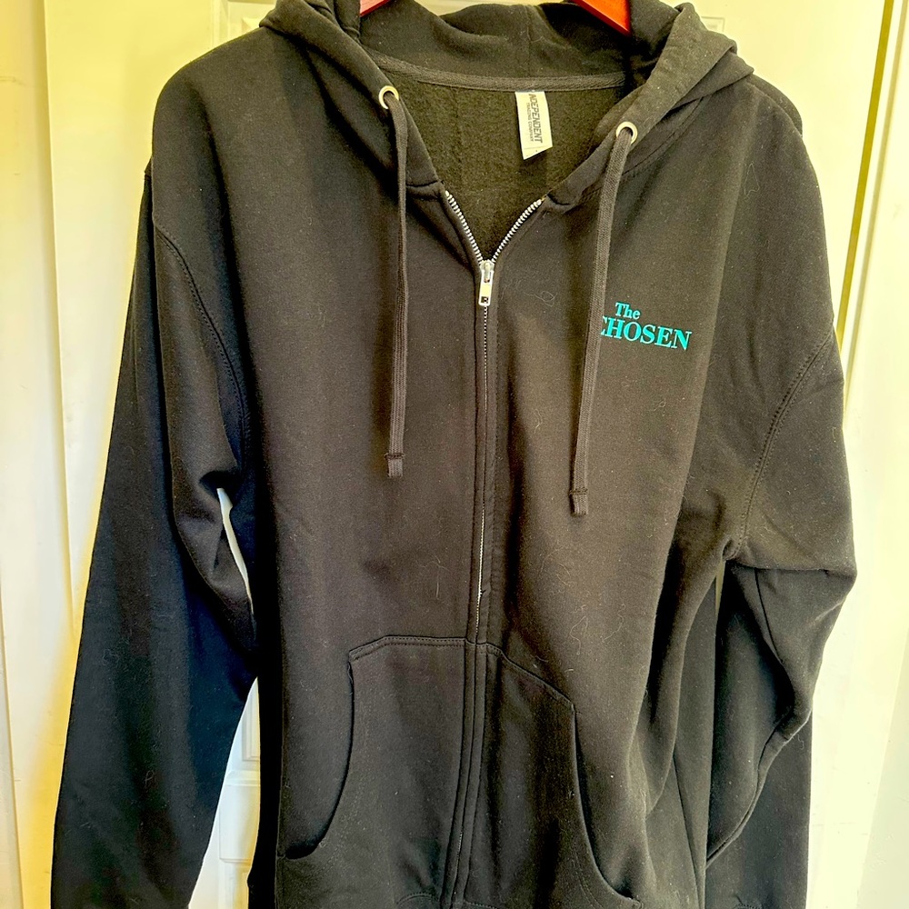 THE CHOSEN HOODIE‎ SIZE L ZIPPER Front W/POUCH pockets BLACK - FISH GRAY/TEAL